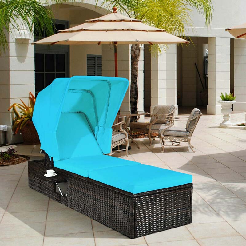 Gepolsterter Rattan-Chaiselongue-Sessel für den Außenbereich, Sonnenliege mit 5 Positionen, klappbarem Baldachin und hochklappbarem Teetisch – bequemes und ergonomisches Design