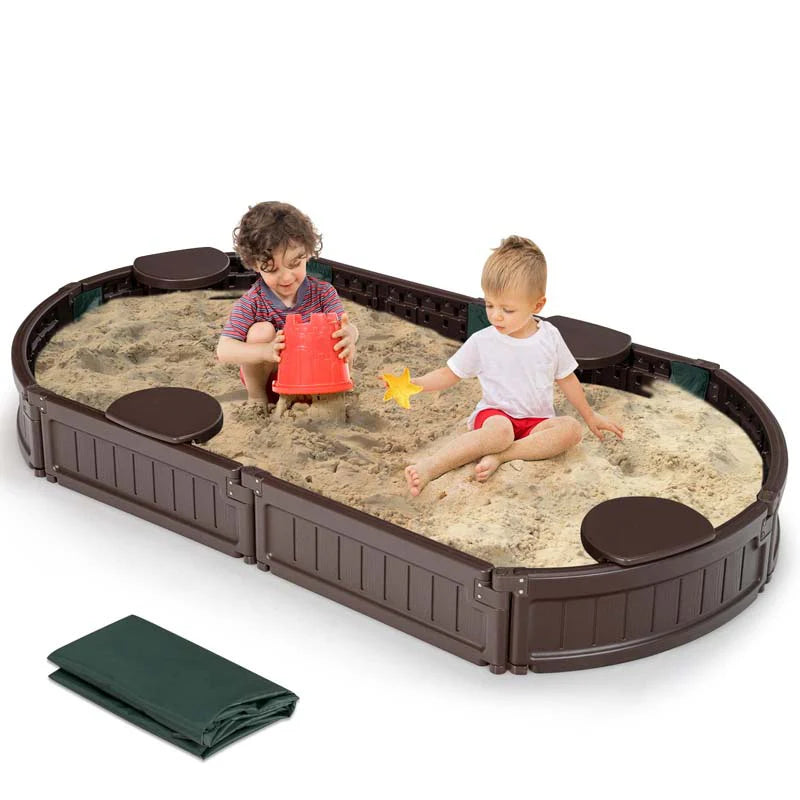6 Fuß ovaler Sandkasten für den Außenbereich mit Abdeckung, eingebautem Ecksitz und Bodenauskleidung, wetterfeste Sandspielstation für Kinder für den Strand im Garten – wasserdichte Schutzhülle