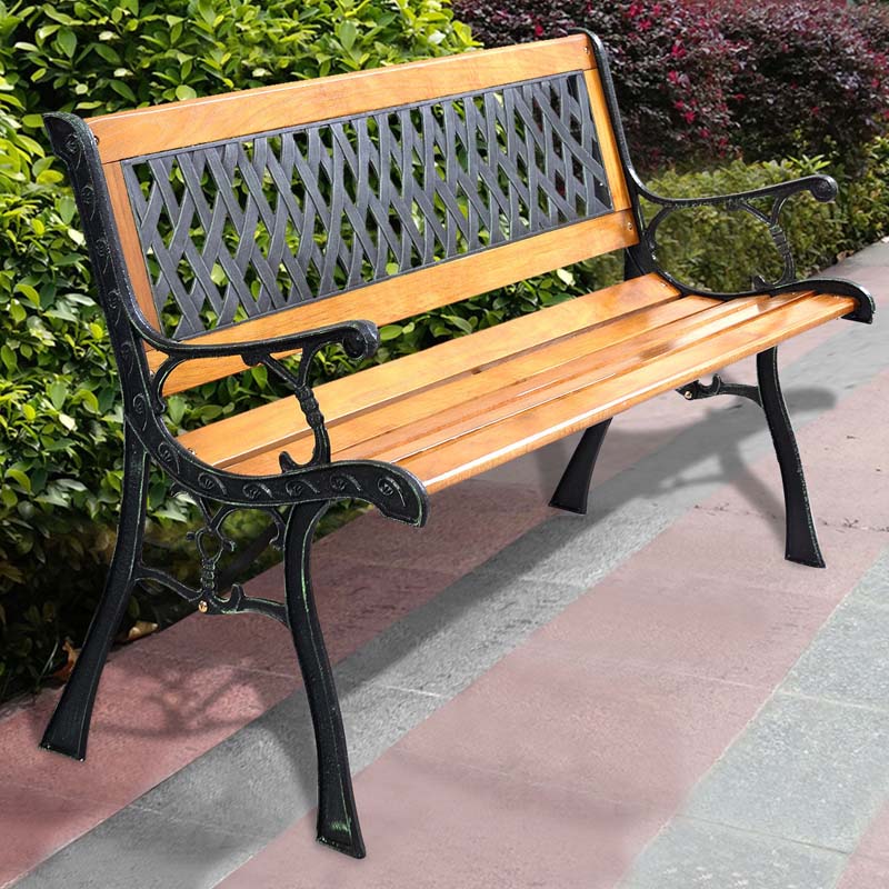 Große Sitzbank aus Gusseisen im Freien, wetterfeste Gartenbank aus Holz für die Veranda im Patio-Park