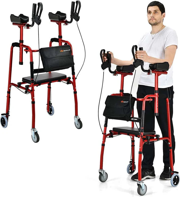 2-in-1-Rollator, zusammenklappbar, aufrecht, höhenverstellbar, mit Sitz und Rädern, Mobilitäts-Gehhilfe für Senioren