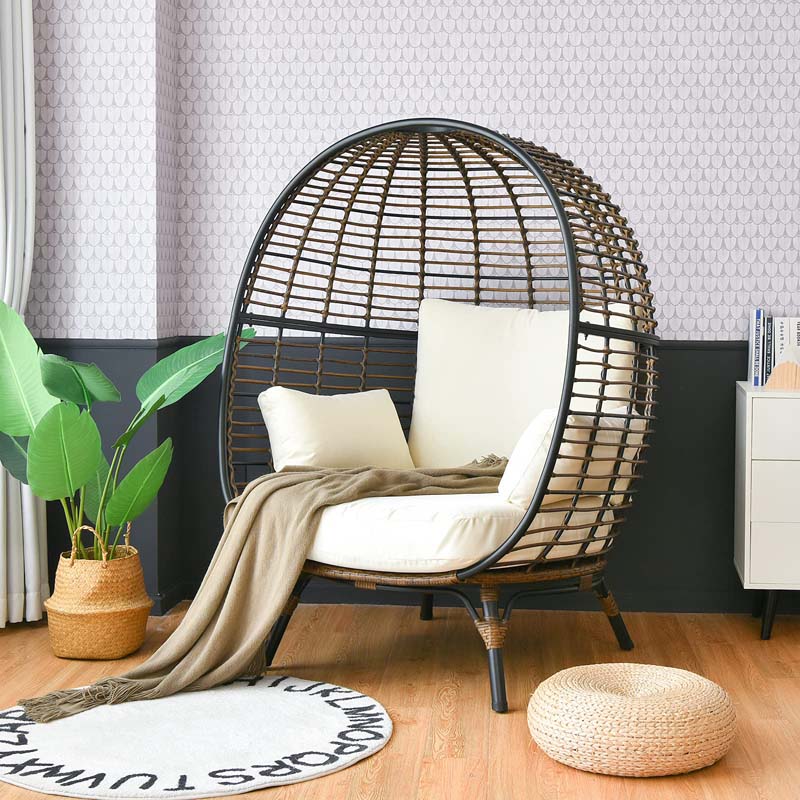 Übergroßer Korbsessel Mit 4 Kissen, Korbstuhl Mit Stahlrahmen, Loungesessel Für Drinnen Und Draußen Auf Der Terrasse Bequemes Und Ergonomisches Design