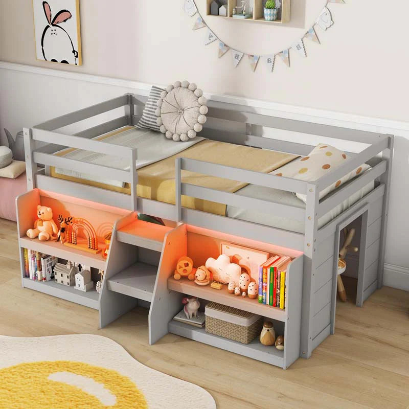 Hochbett für Kinder in Twin-Größe mit LED-Beleuchtung, Treppe, Sicherheitsgeländer, Bücherregal und Spielbereich unter dem Bett