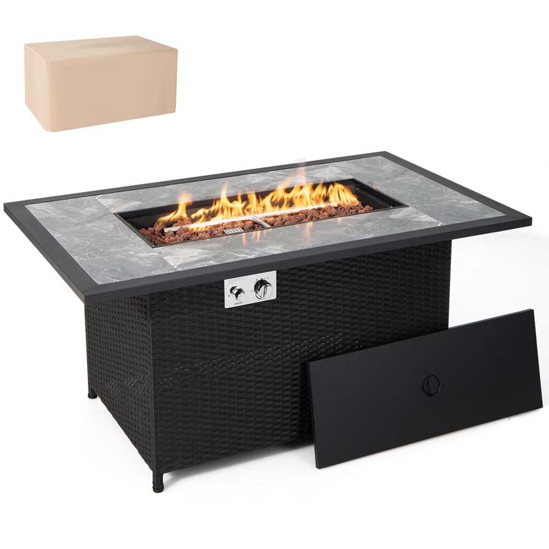 52Quot 50000 Btu Rattan-Propangas-Feuerstelle für den Außenbereich mit Marmor-Tischplatte, Lavasteinen und PVC-Abdeckung – wasserdichte Schutzhülle