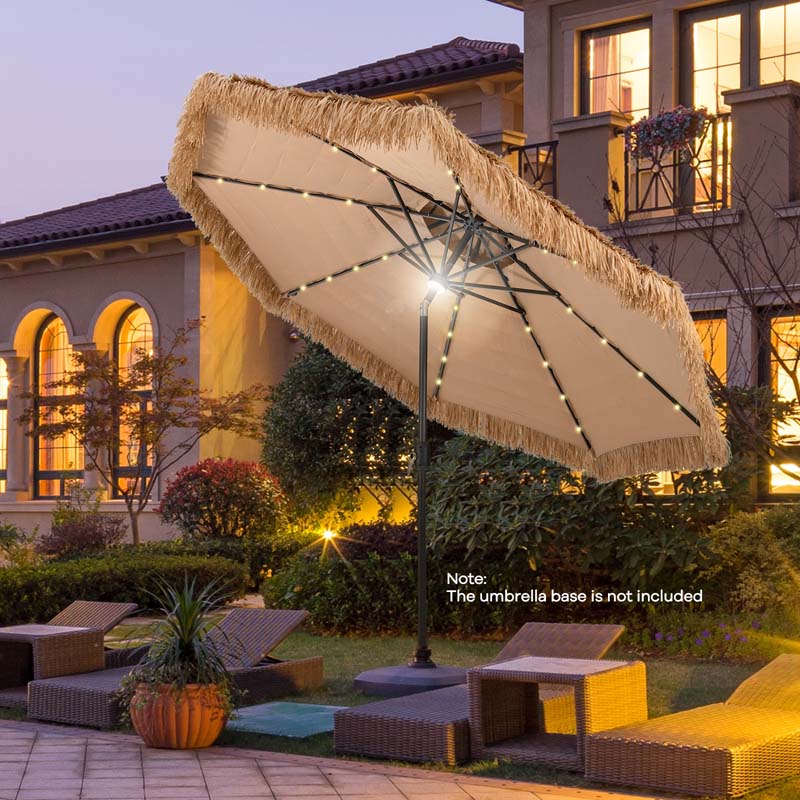10 Fuß Strohgedeckter Tiki-Terrassenschirm mit 32 LED-Solarleuchten, 2-stufiger Strandschirm aus Gras im Hawaii-Stil